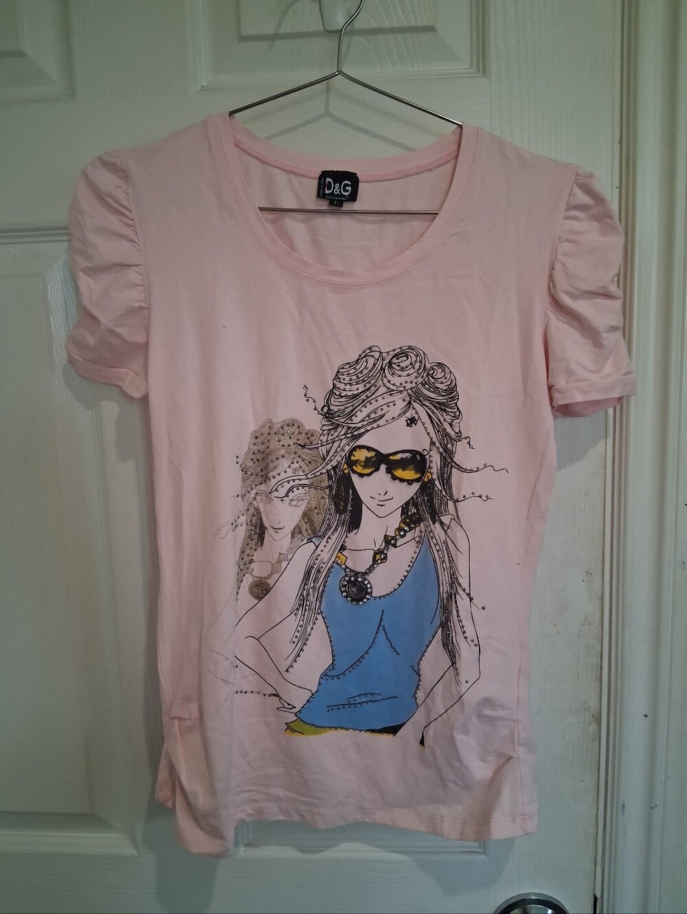 D&G Light Pink Graphic Tee with Blue and Yellow Print